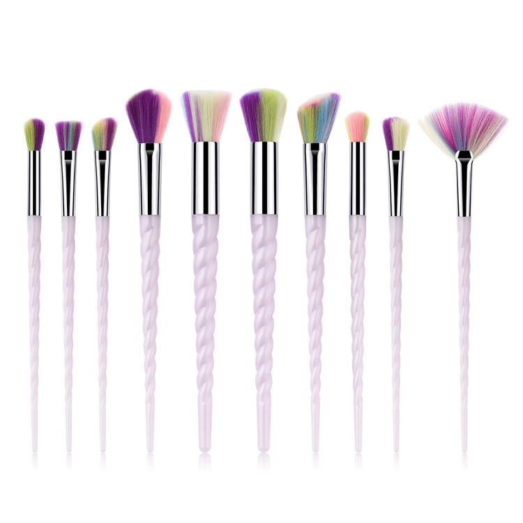 Hot Sale 10PCS Rainbow Hair Makeup Brushes Unicorn Spiral Thread Eyebrow Eyeliner Lip Brushes Professional Nose Base Fan Make up Brush